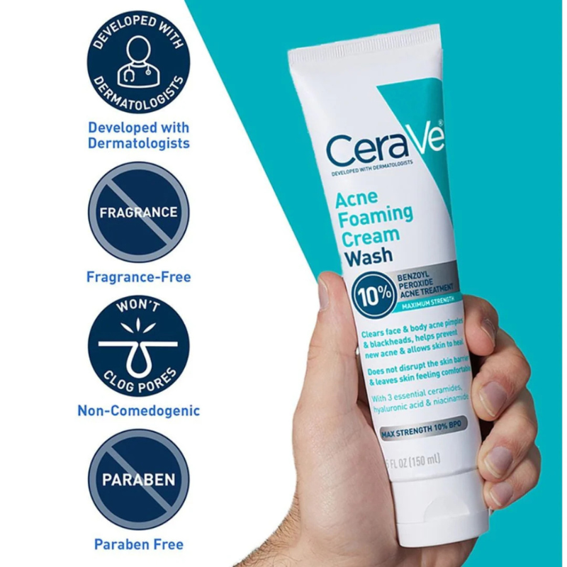 CeraVe Acne Foaming Cream Cleanser 10% Benzoyl Peroxide Acne Treatment 150Ml
