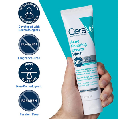 CeraVe Acne Foaming Cream Cleanser 10% Benzoyl Peroxide Acne Treatment 150Ml